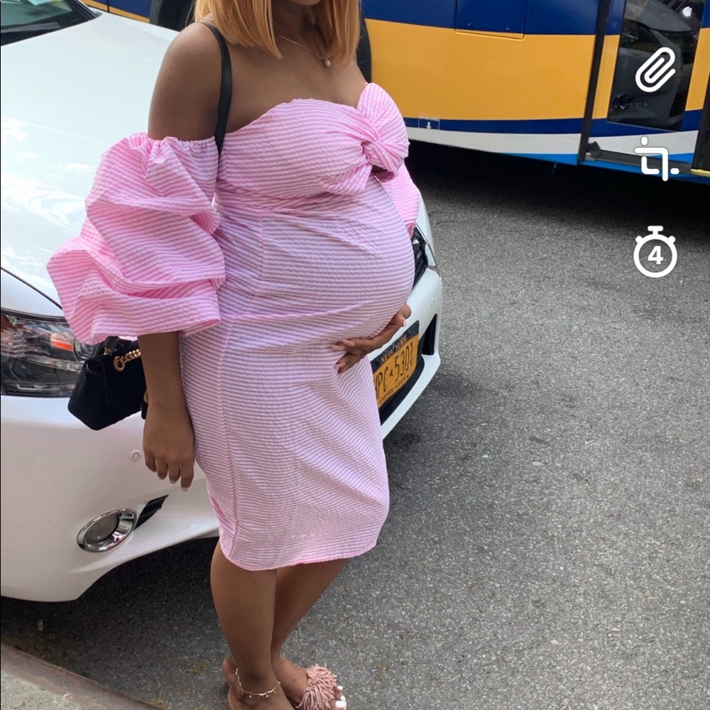 Pink stripe midi maternity dress